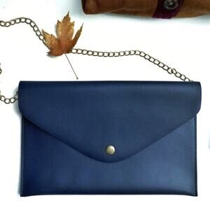 J.Crew Navy Faux Leather Envelope Clutch w/ Chain – Heritage Holiday Gift NWT